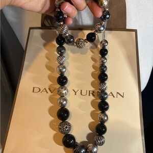 David Yurman Elements Collection Set Black and Silver Bead Necklace & Bracelet